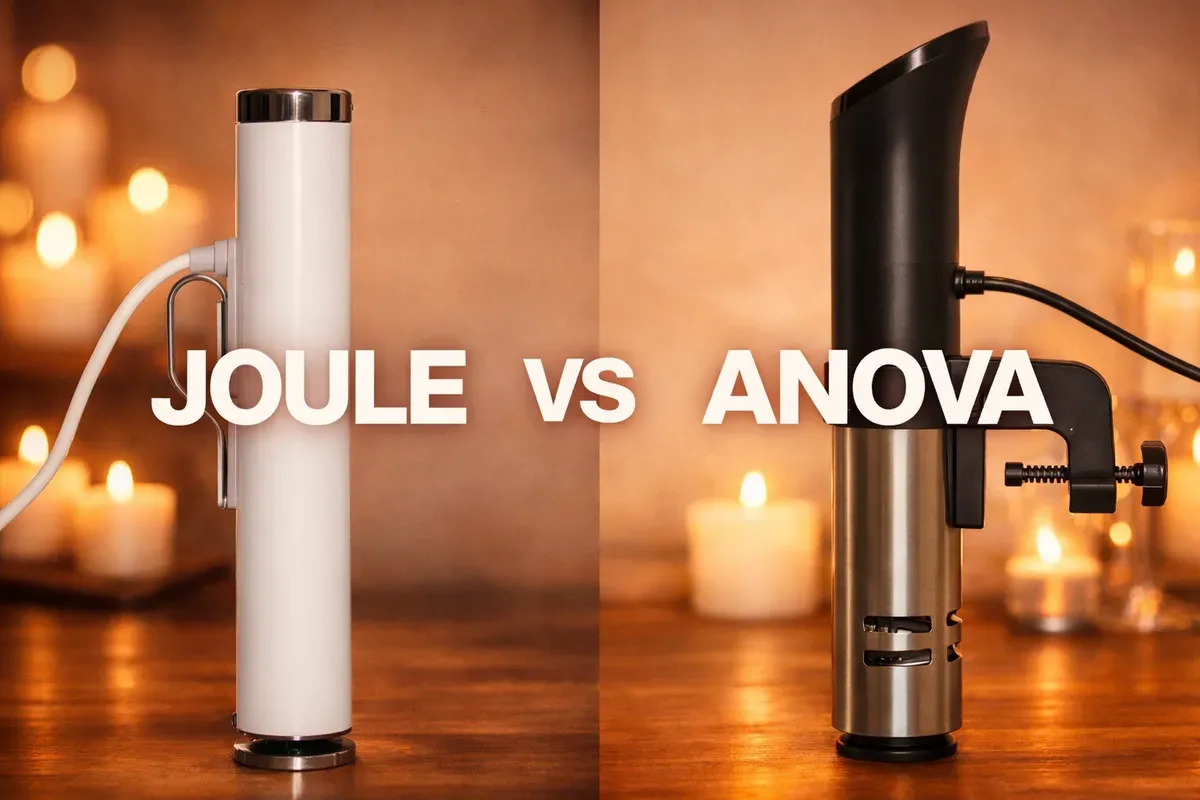 Two sous vide circulators on a steaming pot: compact Joule and larger Anova side by side on a clean white kitchen counter