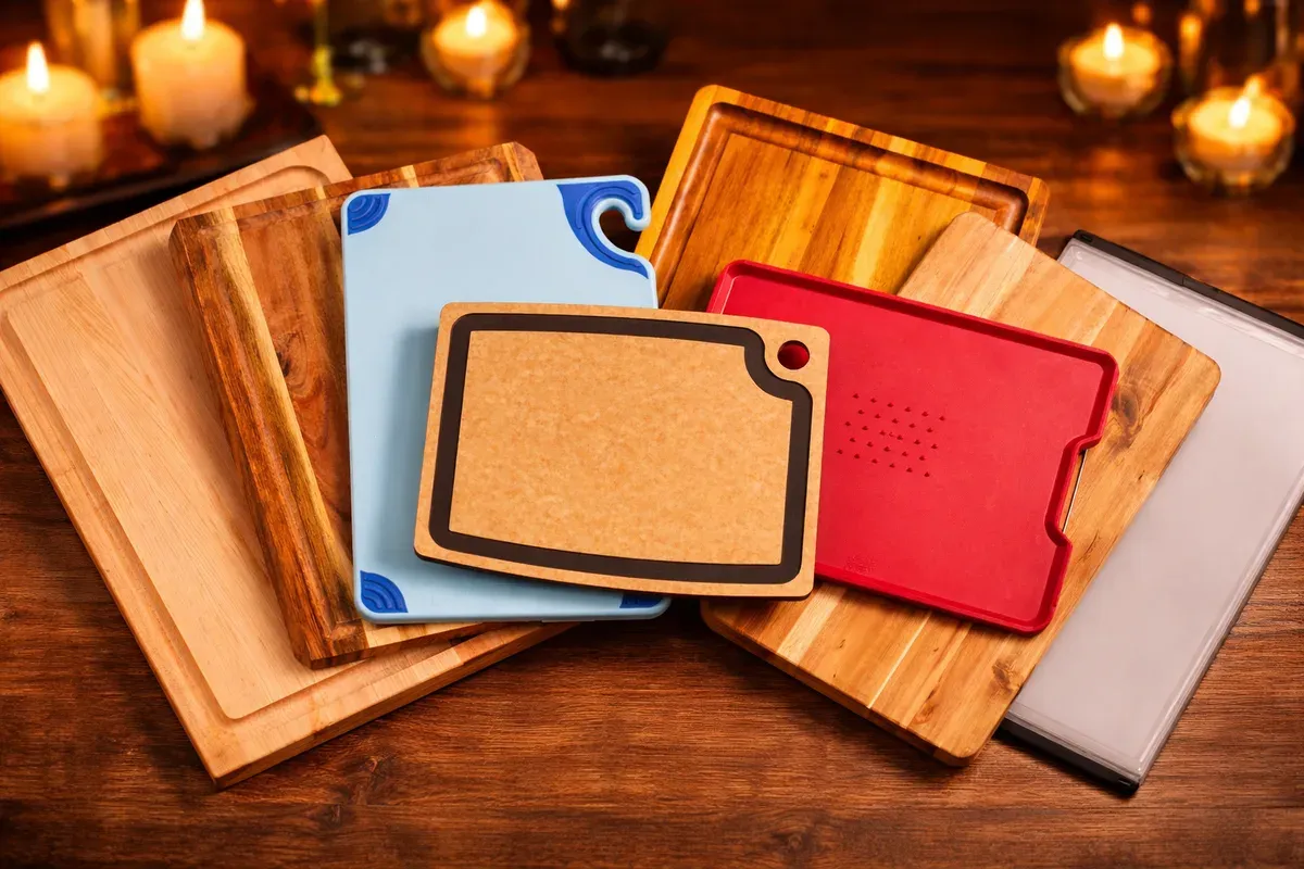 Several cutting boards in different materials including a thick end-grain maple board, white plastic boards, and a bamboo board arranged on a kitchen counter with a chef's knife