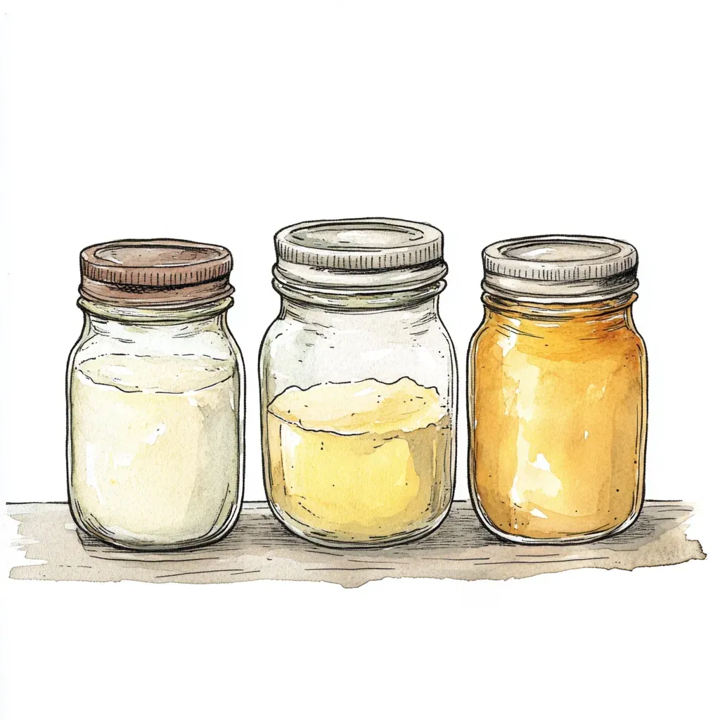 Watercolor illustration of three glass jars of golden clarified butter and ghee beside a saucepan, warm light catching the translucent amber fat