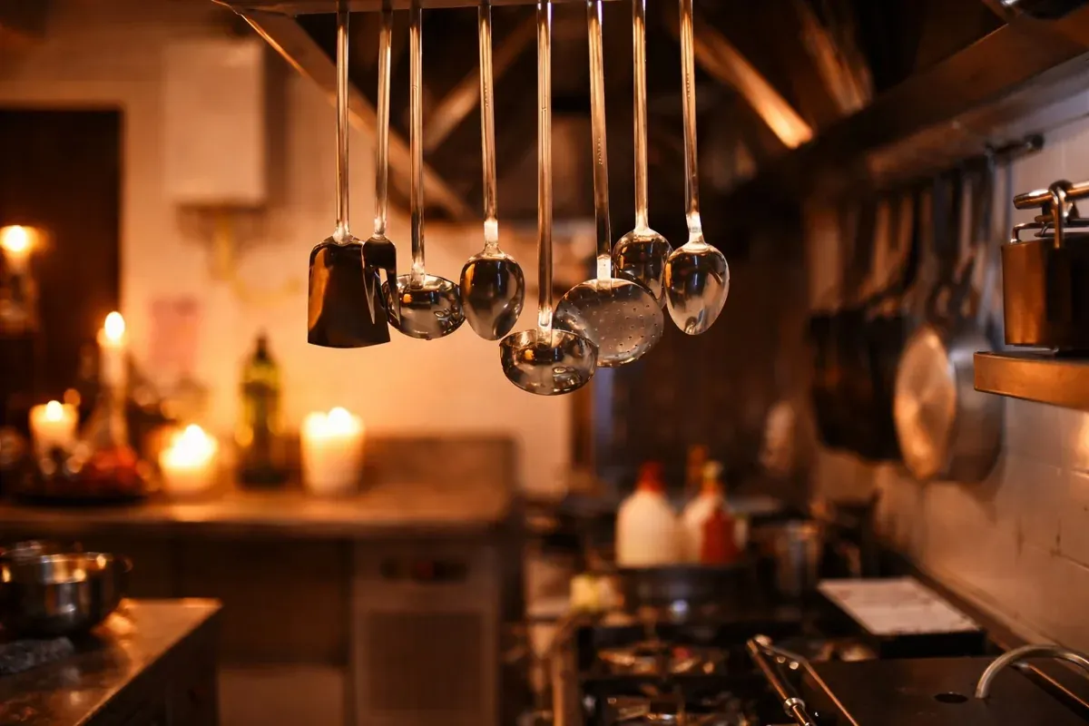 Essential kitchen tools including a chef's knife, stainless tongs, and instant-read thermometer arranged on a warm wooden cutting board