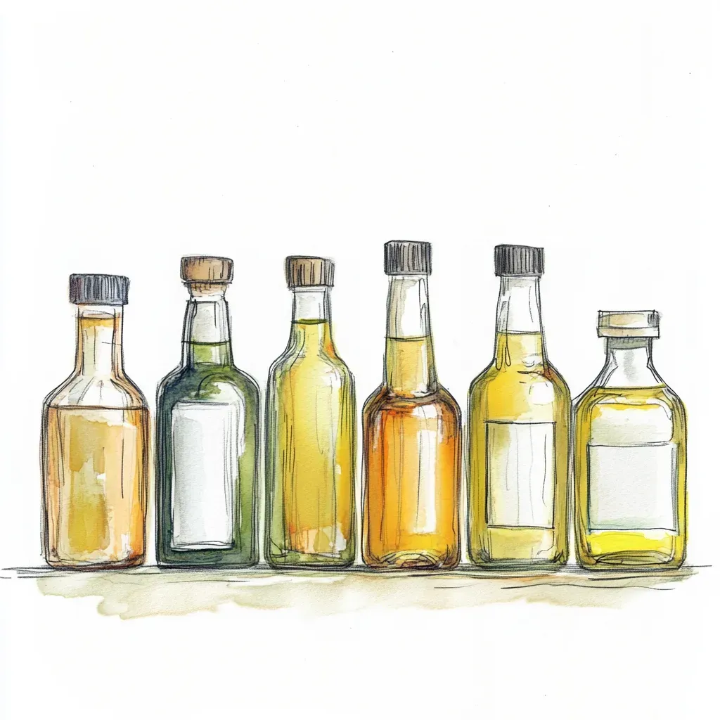 Minimalist watercolor illustration of several cooking oil bottles in warm terracotta and amber tones arranged on a kitchen counter, soft natural light