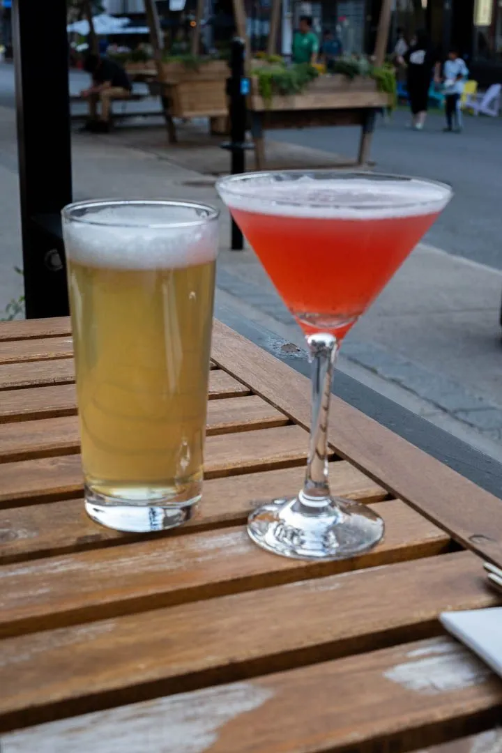 Somaek and Omija cocktails at Giwa Verdun, a crisp soju and lager mix and a bright gin drink with five-flavor berry syrup and lemon