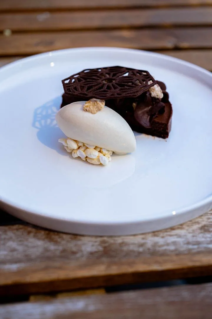 Hodumaru dessert at Giwa Verdun, gochujang chocolate mousse with chili-spiked chantilly, candied walnuts, and maple ice cream, the standout dessert of the night