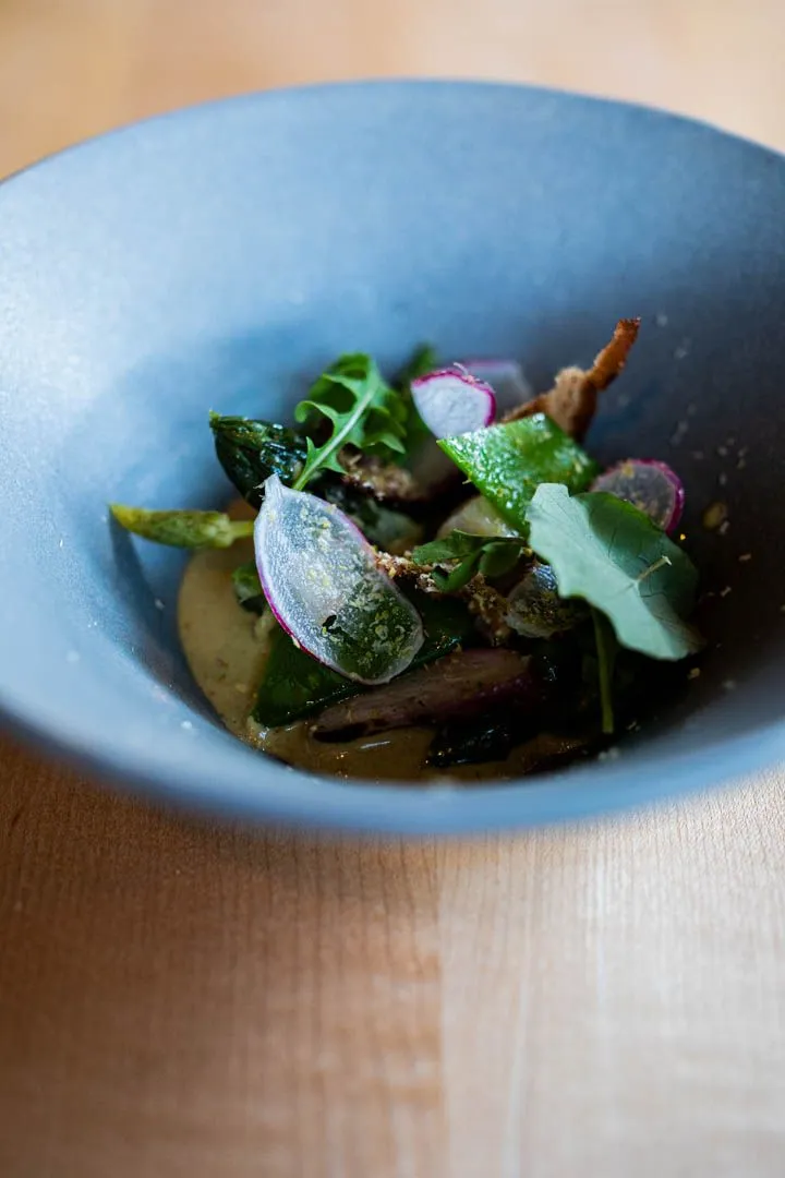 Green asparagus and snap peas with pistachio and vibrant microgreens plated elegantly at Hoogan et Beaufort Montreal