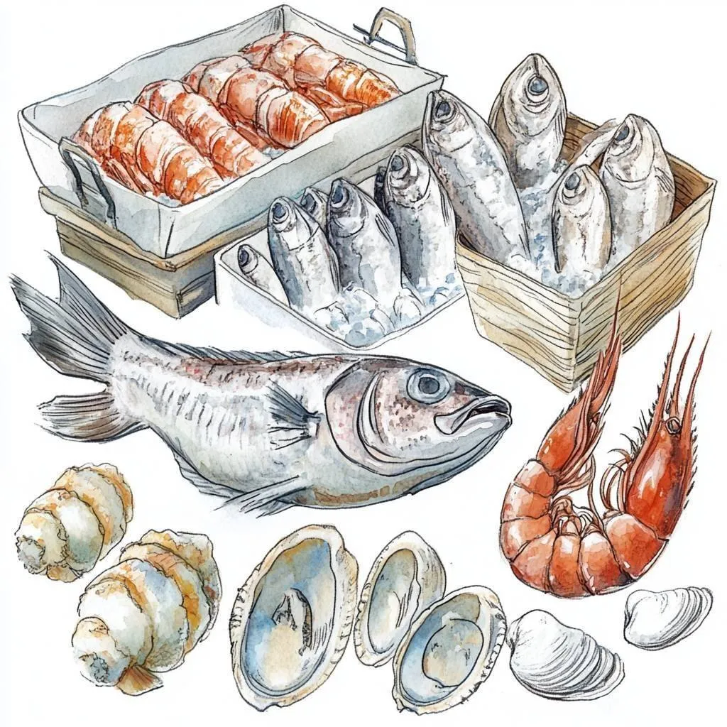 Watercolor illustration of various fresh seafood displayed at a fish market counter, whole fish and shellfish on crushed ice, warm muted tones