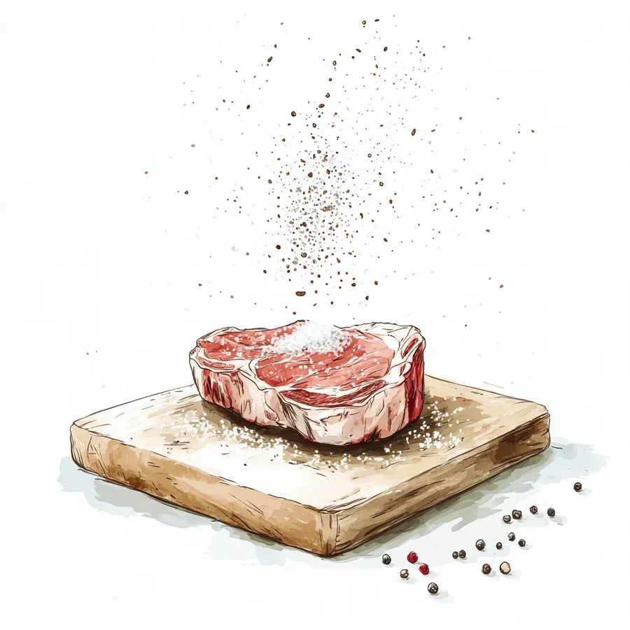 Watercolor illustration of a thick raw ribeye steak being seasoned with kosher salt and cracked black pepper on a clean cutting board, preparing for a date night dinner