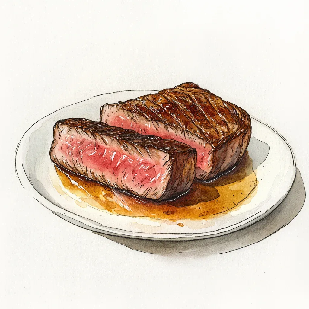 Watercolor illustration of a perfectly seared ribeye steak glistening with herb butter in a cast iron pan, deep golden crust, aromatic steam rising, warm candlelit kitchen