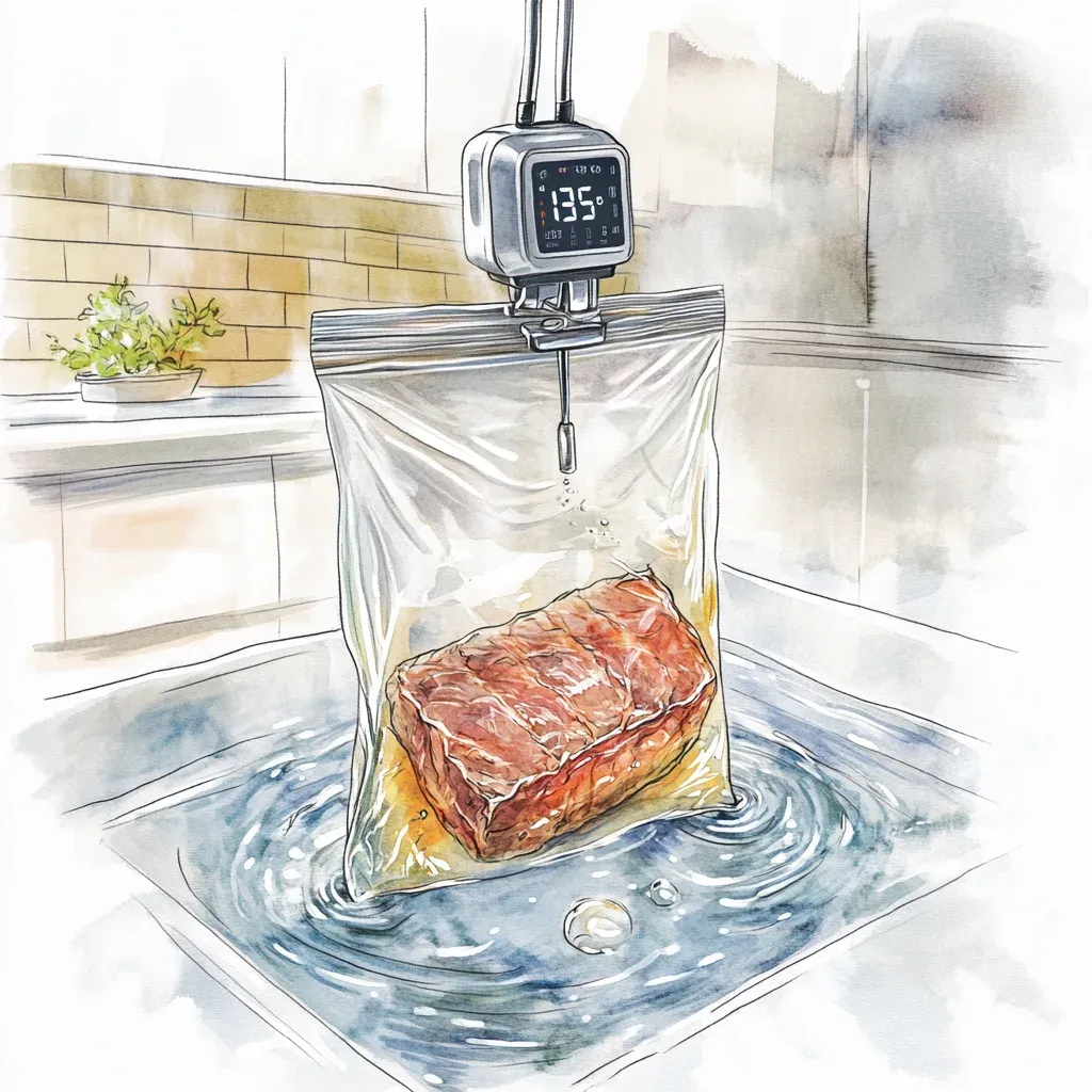 Watercolor of a vacuum-sealed seasoned steak submerged in a sous vide water bath with an immersion circulator clipped to the container edge