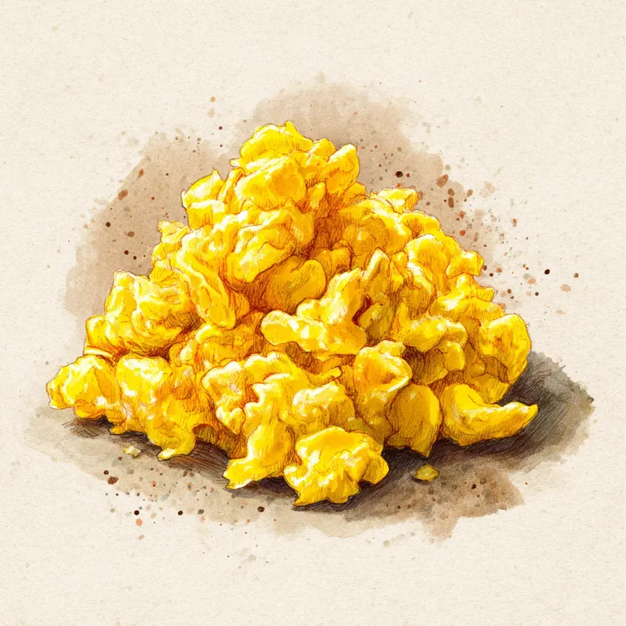 Watercolor illustration of creamy French-style scrambled eggs, soft pale curds with a silky glossy finish plated for a warm morning breakfast