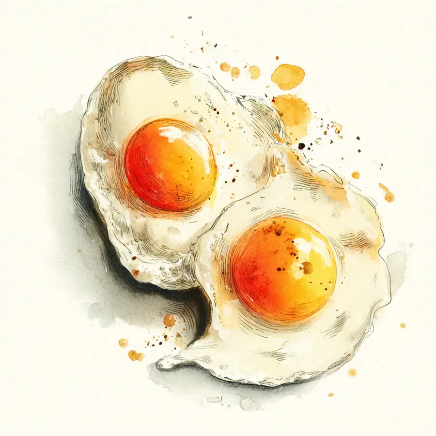 Watercolor illustration of two fried eggs with crispy lace-edged whites and bright golden runny yolks, cooked in butter in a warm kitchen pan