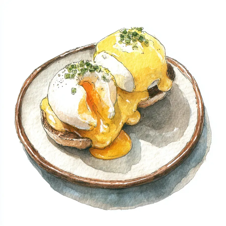 Watercolor illustration of a poached egg in Eggs Benedict style, draped in golden hollandaise sauce on a toasted English muffin, rich and elegant