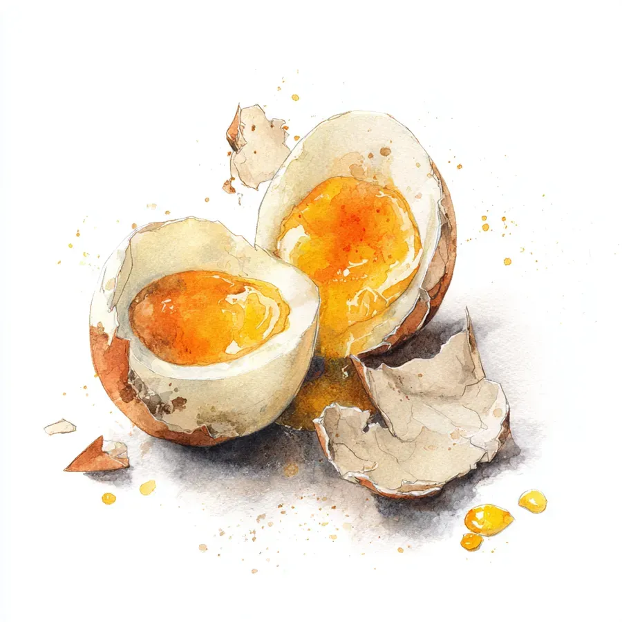 Watercolor illustration of a soft-boiled egg halved to reveal a jammy golden custard yolk, served with sea salt on a white ceramic plate