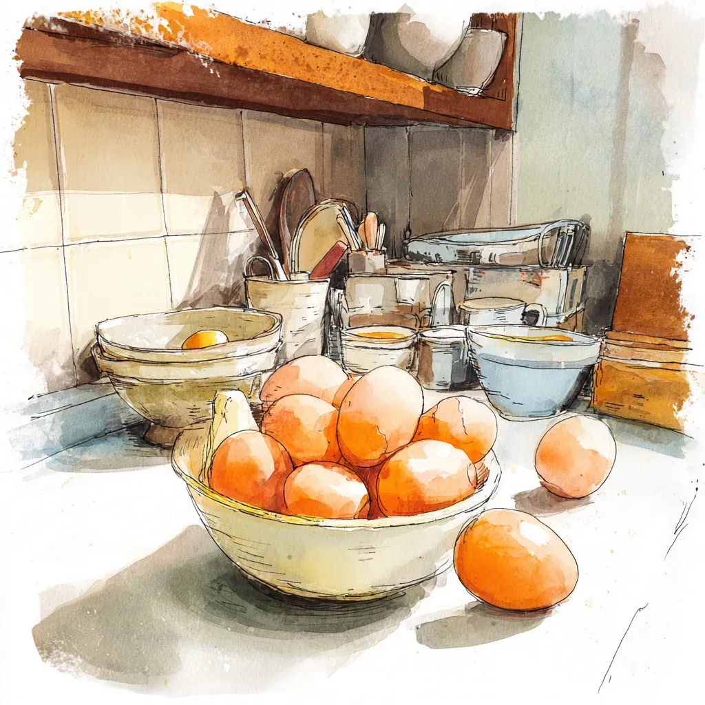 Watercolor illustration of golden eggs cooking in a warm kitchen, a skillet beside whisked eggs in a bowl and a wooden spatula