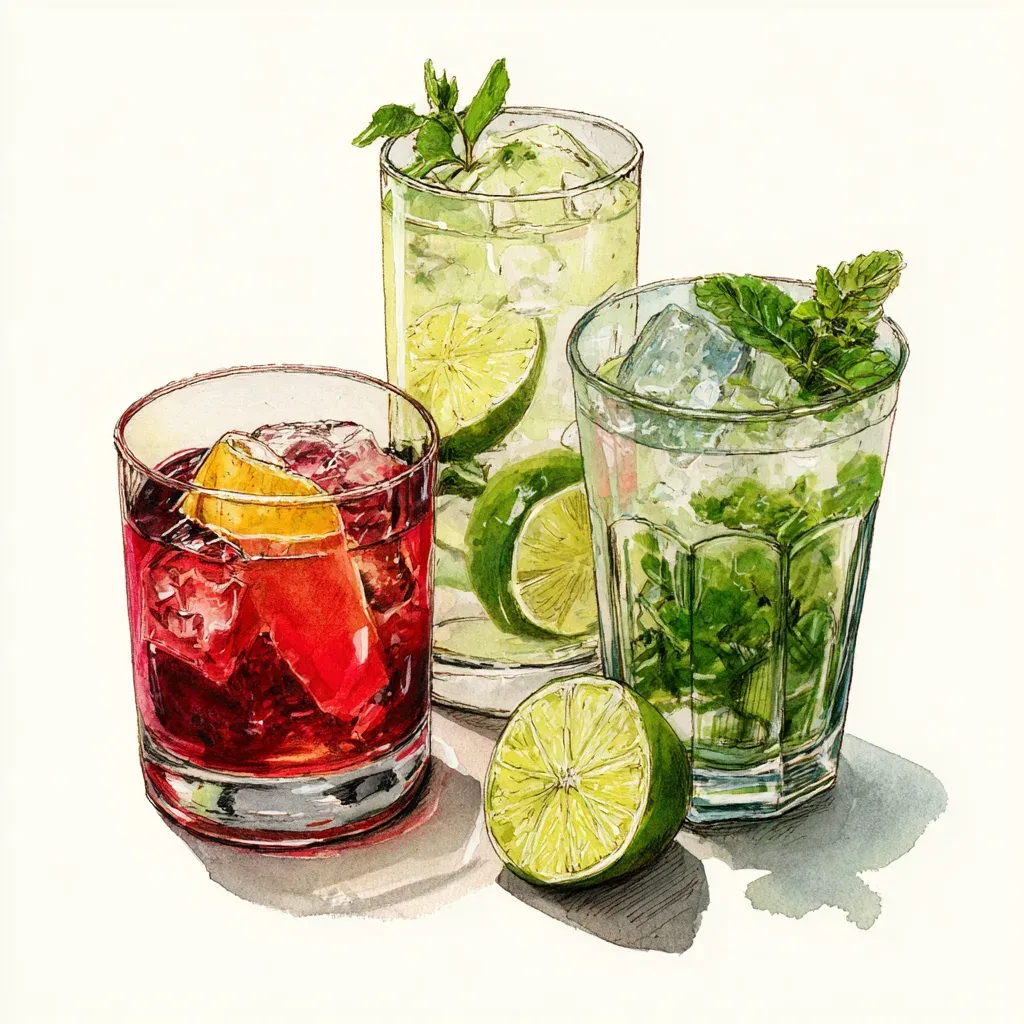 Watercolor illustration of a negroni, gin and tonic, and mojito side by side, hand-drawn style for a cozy date night drinks spread