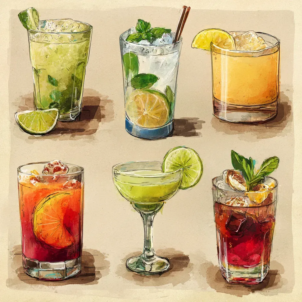Watercolor illustration of a gin martini, whiskey sour, and mojito on a candlelit table, crafted for a romantic date night at home
