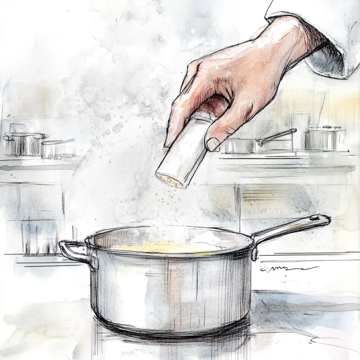 Watercolor of a confident hand sprinkling glittering MSG crystals into a steaming pot with umami flavor waves rising from the surface