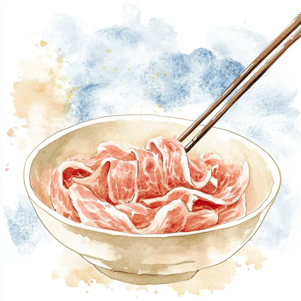 Watercolor of thin slices of beef tumbling through a glossy egg white and cornstarch velveting marinade, glistening and ready for a hot wok