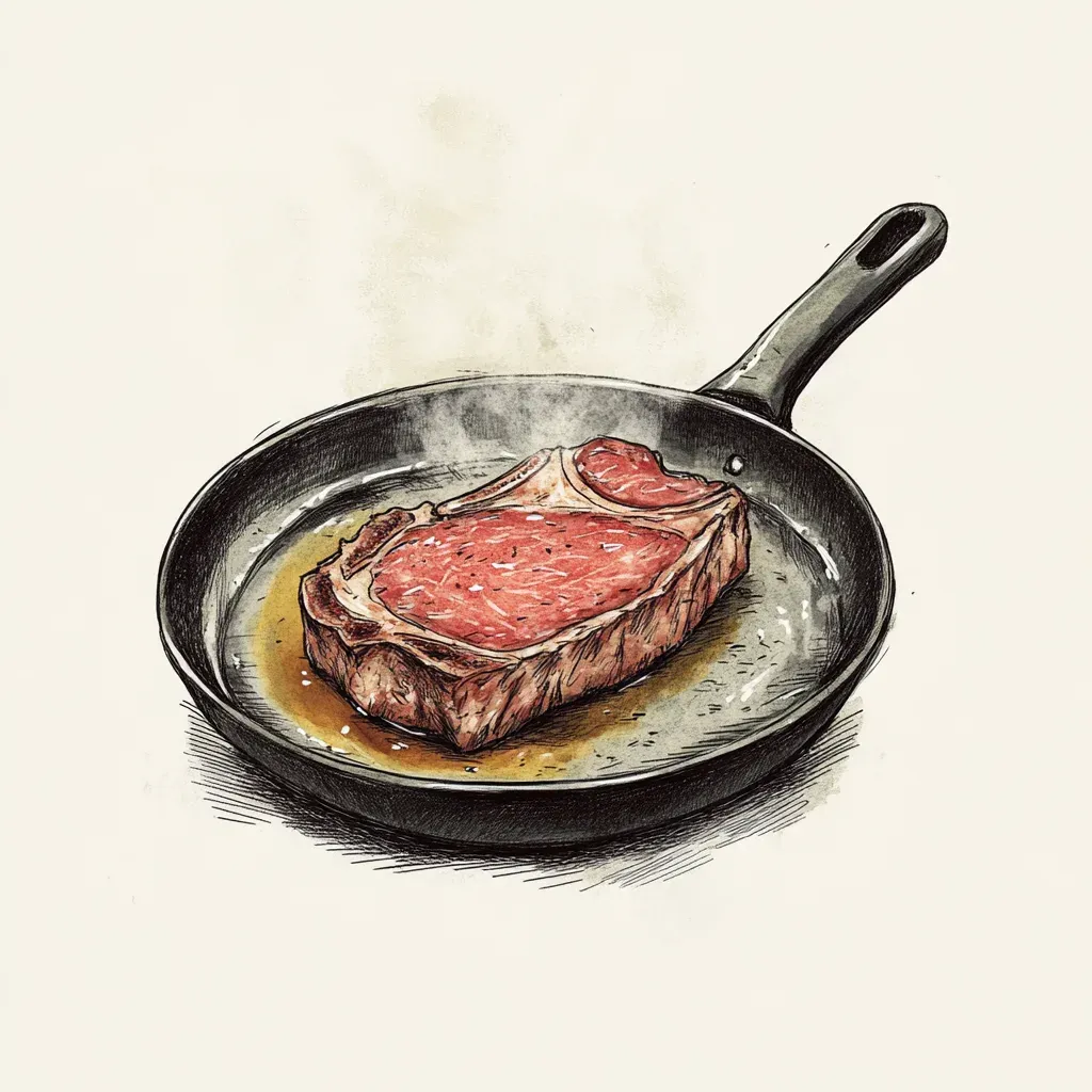 Watercolor illustration of a beautifully seared ribeye sliced open to reveal a blushing pink medium-rare center, juices pooling on a rustic wooden board