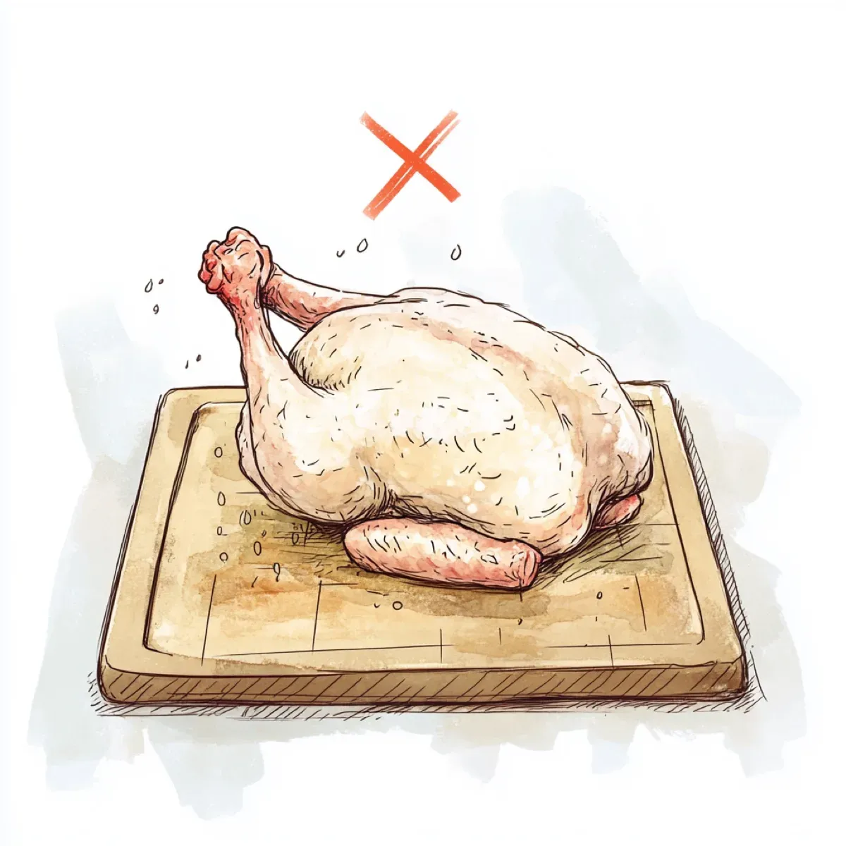 Watercolor illustration of a raw whole chicken resting on a wooden cutting board beside a faucet marked with a bold red X, a visual reminder to skip the rinse