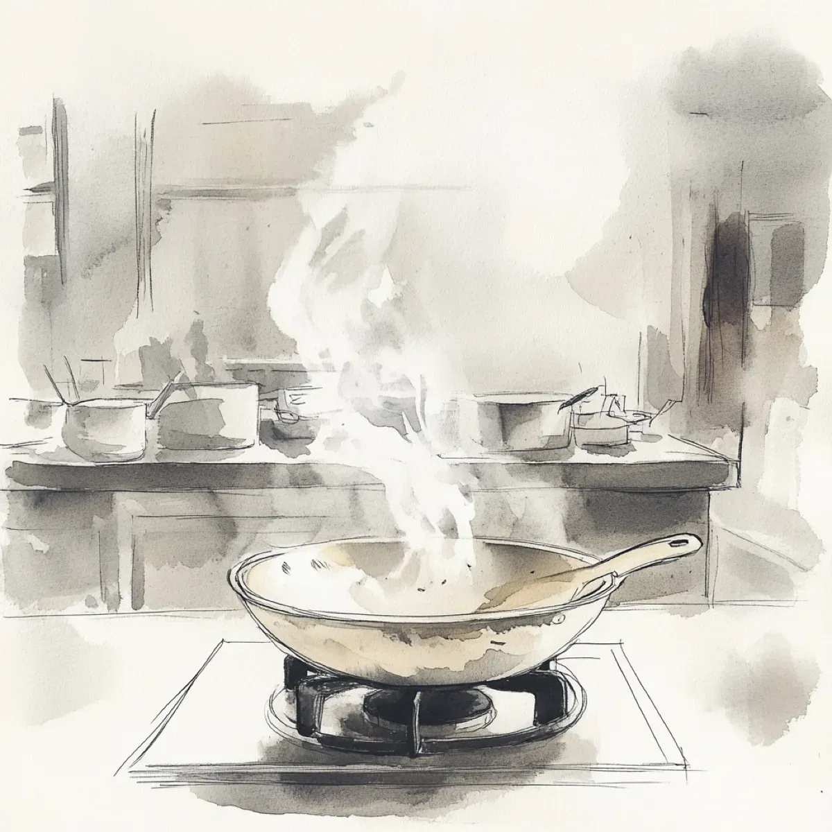 Watercolor illustration of a seasoned carbon steel wok erupting with flames and aromatic steam over a roaring gas burner, stir-fry ingredients mid-toss