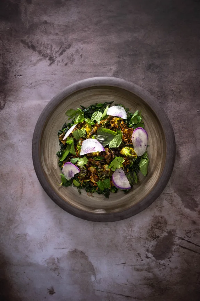 Overview of a nicely plated Brussel Sprouts salad