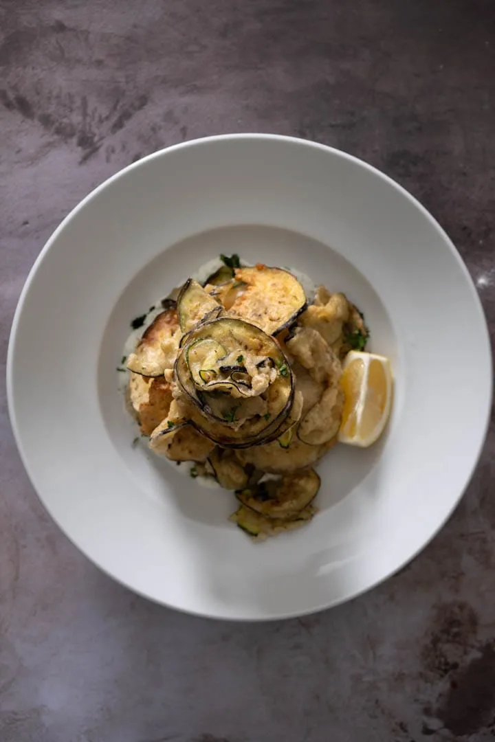 bird's eye view of Deep-fried Eggplant & Zucchini Chips