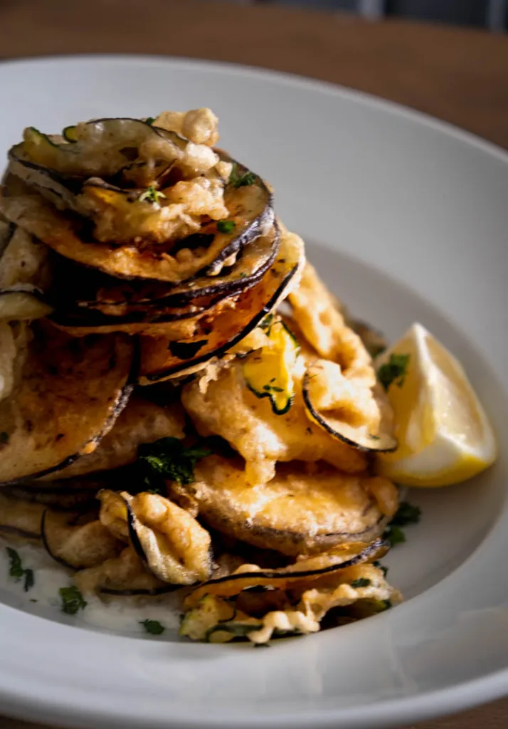 Closeup of the Zucchini eggplant chips for a date night